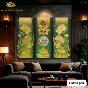 ภาพมงคลองค์พิฆเนศ รูปดอกบัวทอง พื้นสีเขียว 1ชุด3ชิ้น ภาพติดผนังแต่งบ้าน รูปวาด ภาพแขวนกรอบลอย
