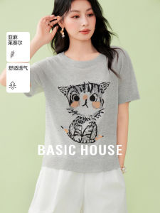 Basic House Pearl Cat Short Sleeve Knitted T-Shirt round Neck Summer New Style Age Reduction Womens Top Comfortable Loose Fit