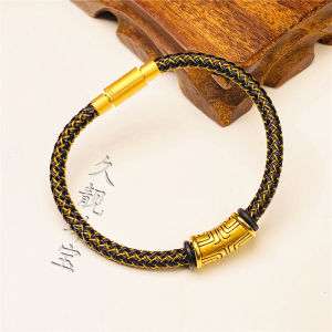 TaoTie Mens Bracelet Thick 4/5mm Leather Rope through Wanfu 3D Hard Gold Lucky Bead Replacement Steel Wire Rope Fashion Jewelry