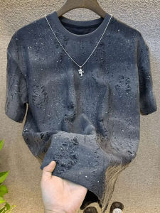 Summer New Luxury Mens Starry Night Short Sleeve T-Shirt Gradient Sequin Hole round Neck High Quality Casual Loose Fit Top
