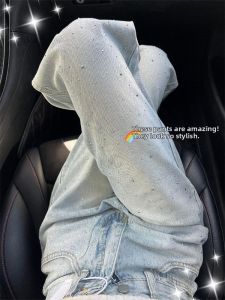 QIANCHANGNAAI | Light-colored Glittery Design High Waist Slim Fit Womens Straight-leg Jeans