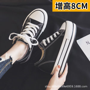 Womens Canvas Shoes 8cm Thick Bottom Platform Slip-On Fashionable All-Season Korean Style Low Cut Rubber Sole Shoes