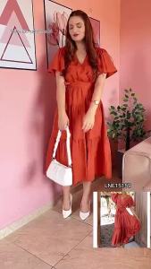 Lovito Elegant Plain V-neck Short Sleeves A-Line Midi Dress for Women LNE09088 (Multi-color)