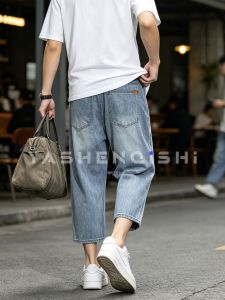 YASHENQISHI | Mens Casual Loose Fit Straight Leg 3/4 Denim Pants