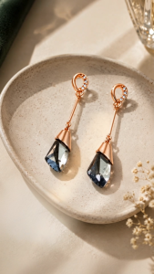 [SG] Rose Gold Crystal Drop Earrings | Geometric Crystal Dangle Earrings | Elegant Statement Earrings | Modern Minimalist Jewellery | ear me out (EMO-100)