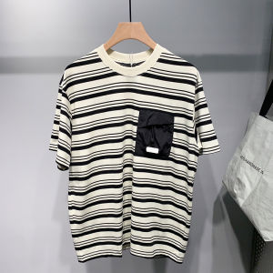 Summer New Arrival Trendy Loose-Fitting Casual round-Neck Stripes Short Sleeve T-shirt Heavy Weight Patchwork Pocket Trendy All-Matching T-shirt
