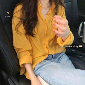 y2k plus size yellow long-sleeved Blouses for women girls Korean style top