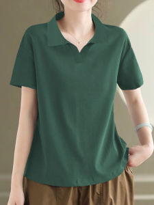 Summer New Loose Slimming Cotton Polo Shirt Womens Simple Versatile Turn-down Collar Solid Color Short Sleeve T-shirt