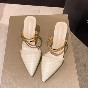 Karakum Womens Sandals Summer 2025 New Wide Strap Pointed Toe Elegantly High Heels Two-Way Wear Thick Heel Slip-On Shoes