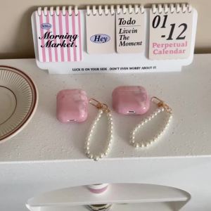 Hộp Đựng Tai Nghe Họa Tiết Đá Cẩm Thạch Màu Hồng Hàn Quốc Có Mặt Dây Chuyền Ngọc Trai Cho AirPods 1/2/3/4/5 Pro 2 Pro 3 - Vỏ Bảo Vệ Bằng TPU