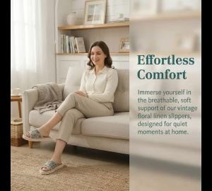 Vintage Floral House Slippers For Women Open‑Toe Flax Indoor Slipper Breathable Linen Insole Anti‑Slip Home Casual Slides