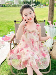 ลายดอก เจ้าหญิง เดรส ฤดูร้อน บาง สายคล้อง มินิเดรส สําหรับเด็กผู้หญิง หวาน สไตล์เอวกลาง ตาข่าย วัสดุ แขนกุด ซิป ปิด