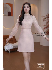 Elegant Korean Style Commute Dress 2025 Spring Autumn High Waist Slimming Sweet Fashionable A-Line Skirt Long Sleeve Zipper