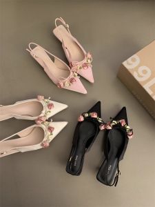 รองเท้าแตะหัวกระเป๋าสไตล์ฝรั่งเศสรองเท้าส้นสูงและแหลมรองเท้าผู้หญิงฤดูใบไม้ผลิและฤดูร้อนรองเท้าส้นสูงรองเท้าแตะสีขาวฉบับภาษาเกาหลีรองเท้าเดี่ยว