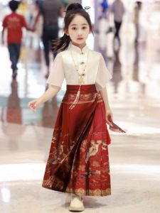 ชุดเด็กผู้หญิงสไตล์จีนโบราณ กระโปรงสั้นสีแดง ชุดฤดูร้อน ชุดฮันฟู่ ชุดจีนโบราณ ชุดฤดูใบไม้ร่วง ชุดเด็กผู้หญิง