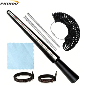 PHYHO 7-Piece Plastic Ring Size Measuring Tool Set with Ring Mandrel US Sizes 1-13 Black Kit and Transparent Adjuster - Suita