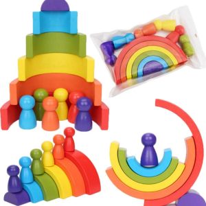 Wooden rainbow stacker nesting block mainan balok susun pelangi