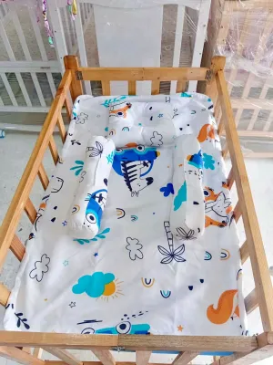 Varnish Adjustable Crib with Uratex Foam and Pillow Set (22x36 inches) - Wooden crib with adjustable height featuring colorful dinosaur-themed bedding and pillows.