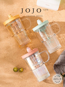 Cute Glass Straw Cup Women High Aesthetic Value Home Use JOJOS L PD.Electric Colorful Style Heat Resistant Universal 420ml