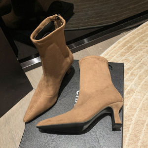 Brown Short Boots Womens High Heel Elastic Velvet Surface Pointed Toe Slim Fit Boots French Style Spring Autumn New Arrival