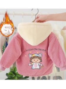 Thickened Cotton Jacket for Girls Baby Outwear Autumn Winter Fashionable Childrens Clothes round Neck Zipper Closure with Hat