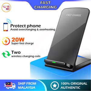 Universal 20W Wireless Charger Horizontal Vertical Type-C Double Coil Charging Pad Stand Dock Mobile Phone Holder Stand for Iphone Android Samsung Xiaomi Huawei Fast Charging (Black Colour)