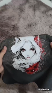 light gray couple t shirt Chinese Ink Nine-Tailed Fox Anime Print 100% Cotton Casual Tee PBD26009