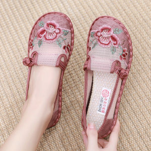 Beijing Ladies Cotton Shoes Embroidered Flat Bottom Breathable Mesh Retro Hanfu Footwear Comfortable round Toe Slip-On Shoes