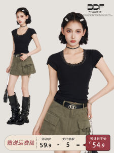 Black Lace Butterfly Knot U-Neck Short Sleeve Knitted Slim Fit T-Shirt Women Summer Hot Girl Small Flying Sleeve Ice Silk Top