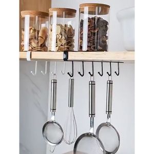 Giá treo đồ đa năng 6 móc cài dưới kệ tủ bằng thép không gỉ để cốc dao thìa khăn túi mũ CINDY