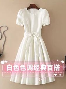 LJสไตล์เจ้าหญิง ไซส์เล็ก ผู้หญิง แฟชั่น สีขาว เดรส สูง เอว คอกลม เรียบง่าย ฤดูร้อน เดรส Midi เดรส