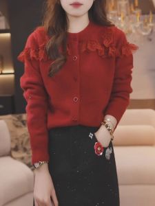 Red Lace Wood Ear Long Sleeve Knitted Cardigan Womens Autumn Winter Unique Beautiful Sweater New Style Elegant Top