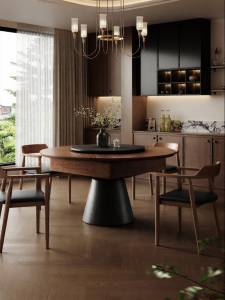 Small Spaces Round Solid Wood Dining Table with Mahjong Use Mid-Century Design