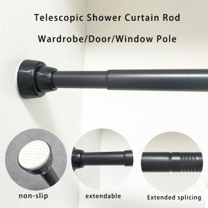 Black Non Drilling Shower Curtain Rod Spring Rotating Telescopic Wardrobe/Curtain Rod Extendable Anti Slip Stainless Steel Rod