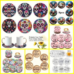 6 Pieces of round Coaster letters skull eagle pattern Wooden material is very Suitable for family tea set Supplies Halloween