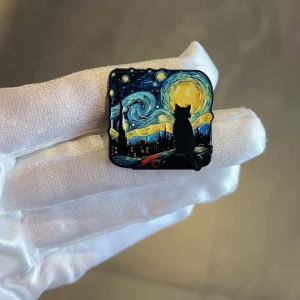 Starry Night Cat Silhouette Brooch - Van Gogh Style Art Enamel Pin Badge Fashion Jewelry Gifts