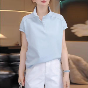 Shalldoer | เสื้อยืดคอโปโลสีน้ำเงินสำหรับผู้หญิงในช่วงฤดูร้อนปี 2025 สไตล์เกาหลีหลวมๆ สบายๆ แขนสั้นสวมใส่สบาย ทรงเข้ารูป