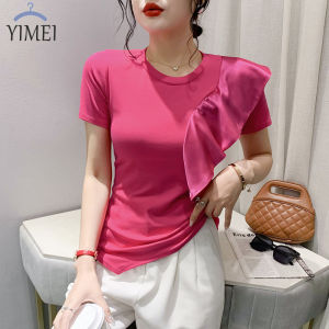 YIMEI เสื้อยืดผู้หญิงสวยๆ 2023 เสื้อยืดมีระบาย เหมาะสำหรับผู้หญิง สั้นรัดรูปเสื้อคอตตอน