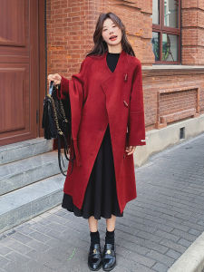 New Year Christmas Red Horn Button Scarf Wool Reversible Woolen Coat Female Winter New Arrival below-the-Knee Length Loose Woolen Coat