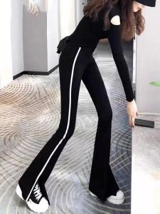Slim Fit High Waist Sporty Pants Womens Summer Thin Long Trousers Elastic Waist Casual Striped Flared Pants Side Slit