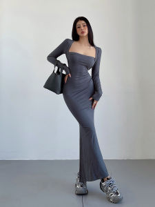 Đầm Dài Ôm Vừa Vặn Cổ Vuông Gợi Cảm Liviahome Đầm Dài Mùa Thu Đông Cho Nữ Đầm Dài Bó Sát Kiểu Dáng Đuôi Cá