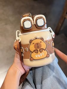 660ML Cute Cartoon Stainless Steel Thermal Mug with Leak-Proof Lid and Portable Strap