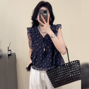 BINKAFENNY | Korean Style V-Neck Floral Splice Mesh Paneling Black Chiffon Top Women Summer Elegant Beautiful Unique Commute Fashion Trendy
