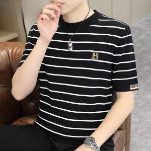 HENGYUANXIANG | Hengyuanxiang Knitted Stripe Short Sleeve Mens T-shirt Slim Fit Round Neck V-Neck Half Sleeve Sweater Base Shirt Spring Autumn