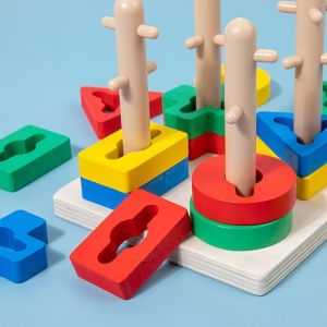 Wooden Geometric Shape Sorting Puzzle – Montessori Educational Toy for Toddlers Colorful Stacking Blocks for Cognitive Development Fine Motor Skills and Early Learning