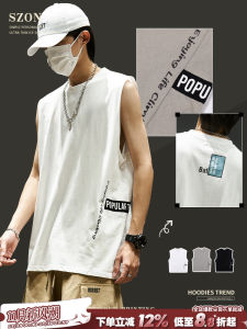 Mens Summer Cotton Sleeveless Fitness Vest Loose Trendy American Letter Print Pure Cotton Shoulder Pad T-Shirt Breathable Moisture-Wicking round Neck Sweatback Tank Top