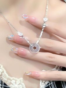 Pure Silver Coin Lockbone Necklace Womens Luxury Minimalist Chinese Style Birthday Gift Friend Silver Heart Original Design  out Fashion Jewelry Pendant Silver Metal Material 21cm-50cm Length No Embedded