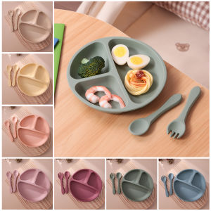 3PCS Childrens Tableware Set Baby Eating Food Training Silicone Tableware Set Baby Sucker Feeding Dishes Plate With Spoon Fork