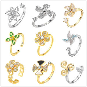Diamond Rotating Windmill Engagement Ring for Women Anxiety Relief Adjustable Open Fidget Spinner Ring anillo antiestres
