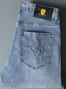 European Style Mens Jeans mid Waist Straight Leg Comfortable Skin-friendly Long Pants Casual Straight Cut Denim Jeans